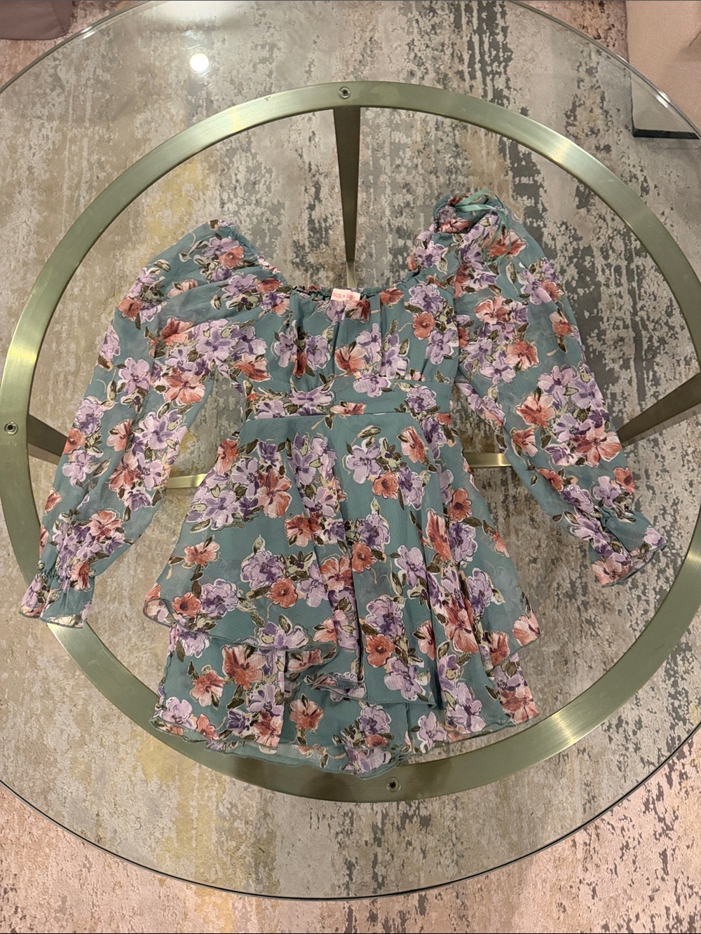 Floral Puff-Sleeve Kids Dress in Sage Green - Brand: